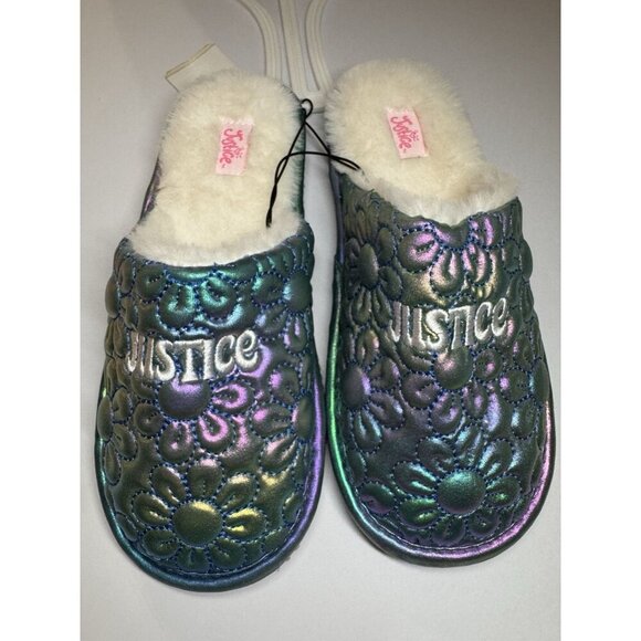 Justice Slip On Slippers Rainbow Mermaid Metallic Iridescent Size 2/3 - Picture 1 of 8